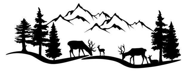 Wall Mural - Black silhouette of deer mountains and forest fir trees camping landscape panorama illustration icon vector for logo, isolated on white background