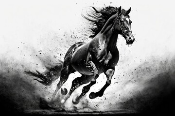 Wall Mural - At equestrian events, the shod hooves of a galloping bay horse strike the sand of an outdoor arena. Out on the open road, galloping forward. Competing on horses. Generative AI