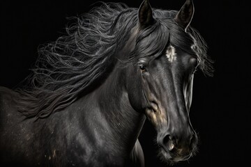 Sticker - Portrait of a stunning black horse against a black backdrop. Generative AI