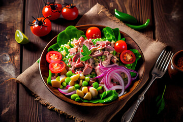 Wall Mural - Tuna with vegetables salad, sesame and spicy sauce. Generative Ai