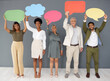 © Rethea B/peopleimages.com - Comment, portrait and mockup with business people and speech bubble for voice, social media or forum. Opinion, vote and branding with group and chat sign for idea, communication and text message icon