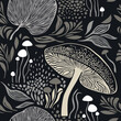 Seamless pattern , mushrooms and plants, leaves and branches, botanical illustration