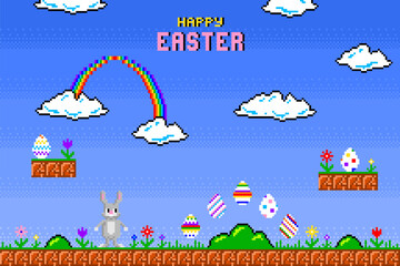 Happy Easter greeting card. Easter rabbit in style of eight-bit game. Inscription of Happy Easter. Vector illustration	
