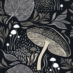 Naklejka na meble Seamless pattern , mushrooms and plants, leaves and branches, botanical illustration