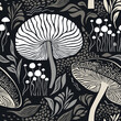 Seamless pattern , mushrooms and plants, leaves and branches, botanical illustration