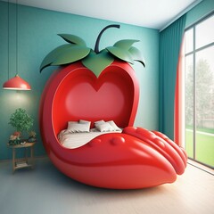 strawberry shaped bed red in room interior object portra,  Generativ AI