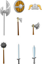 Cartoon Medieval Weapons. Vector Hand Drawn Collection Set Isolated On Transparent Background