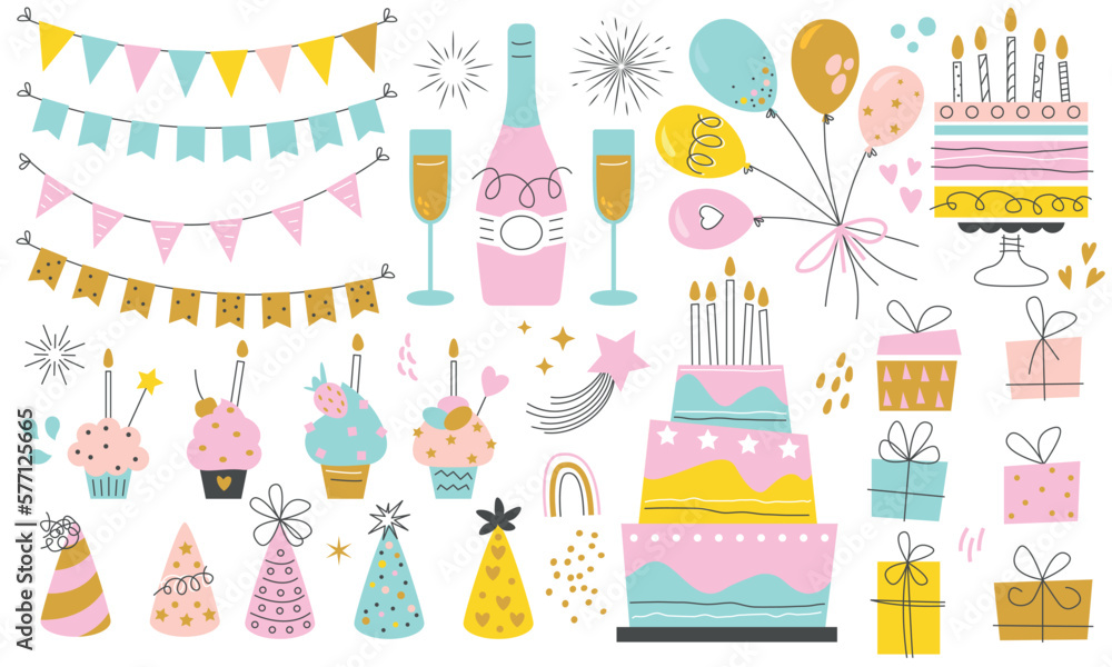 Bright set for birthday party. Collection of festive elements, sweets ...