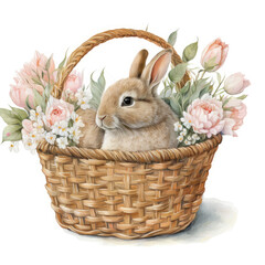 easter bunny rabbit in basket with flowers, generative AI  finalized in Photoshop by me 