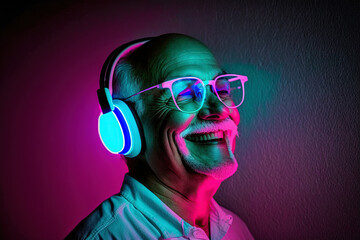 Grandpa listens to music. Cool grandfather wearing headphones listening music. generative ai. Forever young elderly hipster man enjoys a favourite song