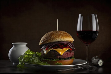 humburger and side dishes red wine restaurant , generative artificial intelligence 