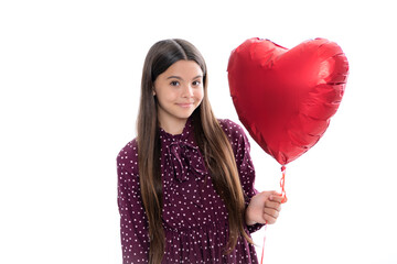 Canvas Print - Valentines Day. Dreaming cute teen child with red heart balloon. Portrait of happy smiling teenage child girl.