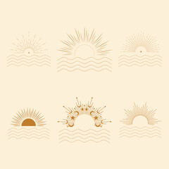 Bohemian sunset and ocean waves vector icons set. Vector set of linear boho icons and symbols. Sun logo design templates. Abstract design elements for jewelry inminimalist style for social media posts