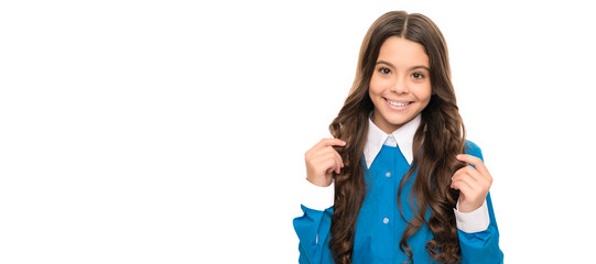 Poster - happy face of teen girl with beautiful long curly hair isolated on white. Teenager child with sweets, poster banner header, copy space.