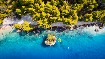 A drone captured the stunning aerial view of Croatia's coastal area, which features crystal-clear blue water and lush forests on land.