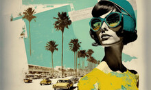 60s Retro Style Fashion Woman Wearing Clothing. Travel Collage With Retro Cars. Generative AI