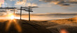 Three wooden crosses on a hill in the morning. Concept of Crucifixion on Mount Golgotha, resurrection of Jesus Christ. Christian Easter holiday symbol, Calvary