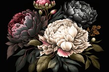 Vintage Bouquet Of Beautiful Peonies On Black. Floral Background. Baroque Old Style Generative AI