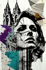 Wall Mural - modern collage of antique statue with news paper style parts, and colored paint strokes, AI generated