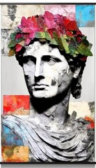 Wall Mural - modern collage of antique statue with news paper style parts, and colored paint strokes and leaves, AI generated