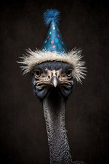 Poster - Ostrich Wearing a Birthday Party Hat (Generated with AI)