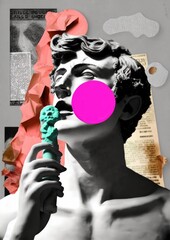 Wall Mural - Modern collage of antique statue with buble gum, pop art style, ai generated