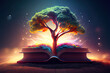 © hassanmim2021 - World philosophy day concept with tree of knowledge planting on opening old big book in library. Generative Ai