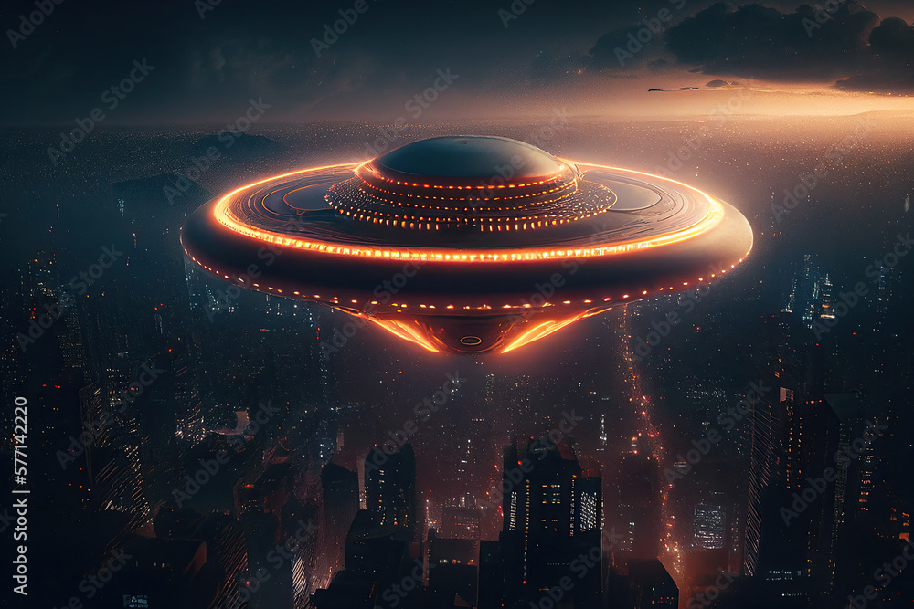 Flying saucer flying in the sky over night city. Invasion of ...