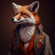 Portrait Of Fox In Human Clothing. Creative Portrait Of Wild Animal On Abstract Background. Antropomorphic Animal. Created With Generative AI