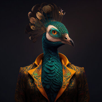 portrait of peacock in human clothing. creative portrait of wild animal on abstract background. antr