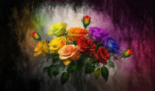  A Vase Filled With Lots Of Different Colored Flowers Next To A Rainbow Colored Wall Behind A Painting Of Roses In A Vase With Water Droplets On It.  Generative Ai