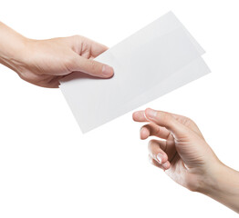 Hands sharing two blank sheets of paper (tickets, flyers, invitations, coupons, money, etc.), 