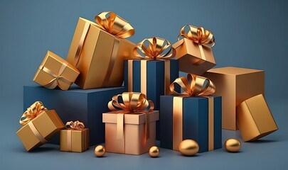  a group of presents that are stacked on top of each other with gold ribbons and bows on them, all wrapped in blue and gold wrapping paper.  generative ai