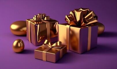  a group of gold wrapped presents on a purple background with a gold bow and two shiny balls on the floor next to it, with a purple background.  generative ai