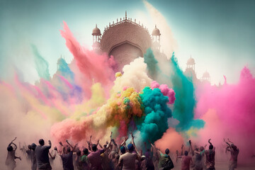 Wall Mural - Holi Festival in India is a joyful celebration of spring, with participants reveling in the tradition of throwing and smearing colorful powders. The Hindu festival of colors. Generative AI.