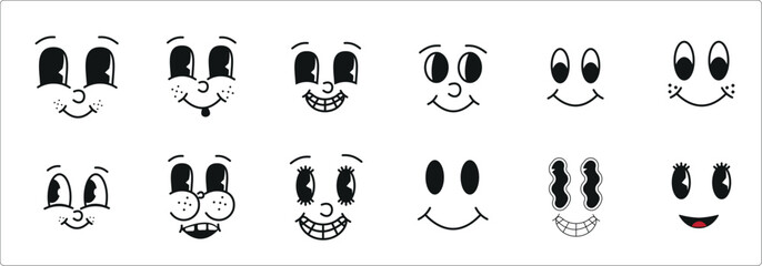 Wall Mural - Set of Retro 30s cartoon mascot characters funny faces. 50s, 60s old animation eyes and mouths elements. Vintage comic smiles template. Caricatures with happy emotions. Hand drawn vector clipart.