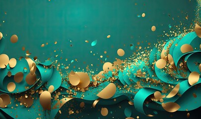 Wall Mural -  a blue and gold background with gold confetti and streamers of confetti on a teal green background with gold confetti.  generative ai