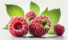 Raspberries And Leaves On A White Background With A Green Leaf On The Top Of The Image And A Red Berry On The Bottom Of The Image.  Generative Ai
