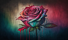  A Painting Of A Pink Rose On A Green And Red Background With Drops Of Paint On The Petals And The Stem Of The Rose Is Dripping.  Generative Ai
