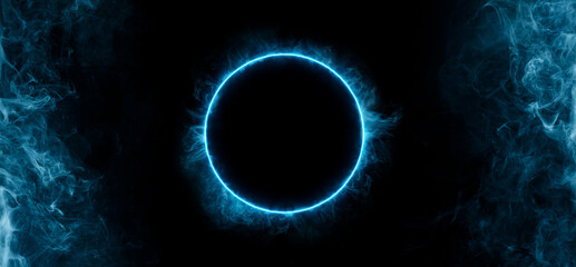 Aufkleber - Neon blue color geometric circle on a dark background. Round mystical portal. Mockup for your logo. Futuristic smoke. Mockup for your logo.