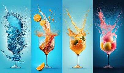 Wall Mural -  a series of three images of different drinks with splashes of water and oranges in glasses with splashes of water and oranges.  generative ai
