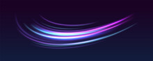 High Speed Effect Motion Blur Night Lights Blue And Red. Futuristic Neon Light Line Trails. Bright Sparkling Background. Purple Glowing Wave Swirl, Impulse Cable Lines. Long Time Exposure. Vector	