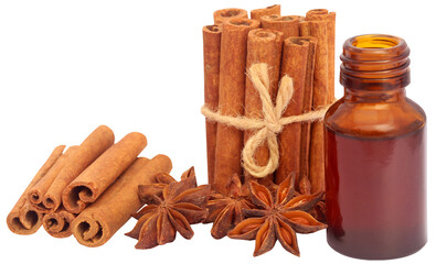 Wall Mural - Some aromatic cinnamon with star anise and essential oil