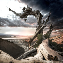 A Twisted Pile Of Driftwood, Overlooking A Large Deep Body Of Water - Generative Ai.