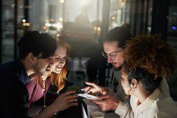 Poster - Night business, people and brainstorming on tablet for planning, research or collaboration in dark office. Diversity teamwork, digital technology and overtime online in agency, group strategy and app