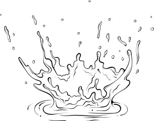 Splatter crown of water or paint. Splashes of fluid. Vector illustration in hand drawn sketch doodle style. Line art liquid with drops isolated on white. Splash water motion. Abstract shapes