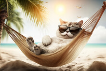 Funny Cat Wearing Sunglasses On Sea Beach, Pet Relaxes On Vacation, Generative AI.