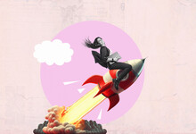Art Collage.  Launch Of A Red Rocket With A Smiling Business Woman. Successful Start Up Concept.