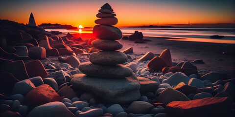 Canvas Print - Stones pyramid on the seashore at sunset,Generative AI