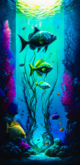 Wall Mural - Abstract vibrant colorful underwater coral fish portrait wallpaper - generative AI